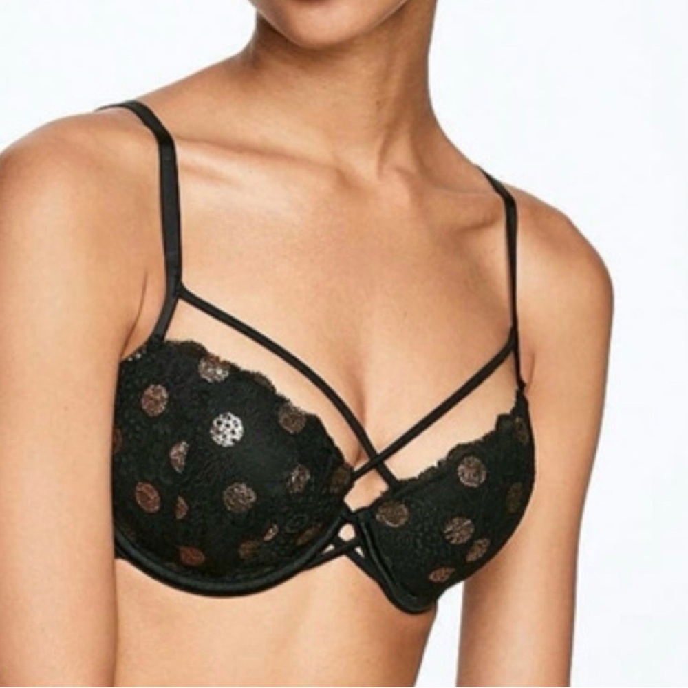 PINK Victoria’s Secret Date Push Up Bra Black with Gold Polka Dots 34C